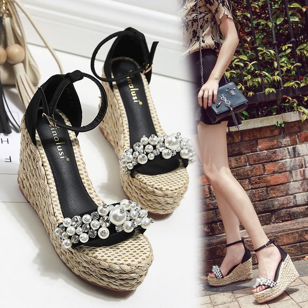 

wedge heel sandals women new fashion espadrille beaded rhinestones, Black