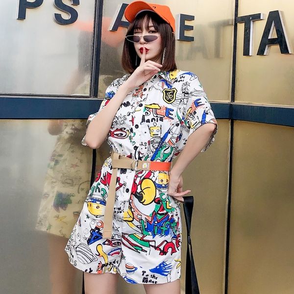 

women high street one piece short overalls cartoon pattern short sleeve jumpsuit turn down collar summer romper t200704, Black;white