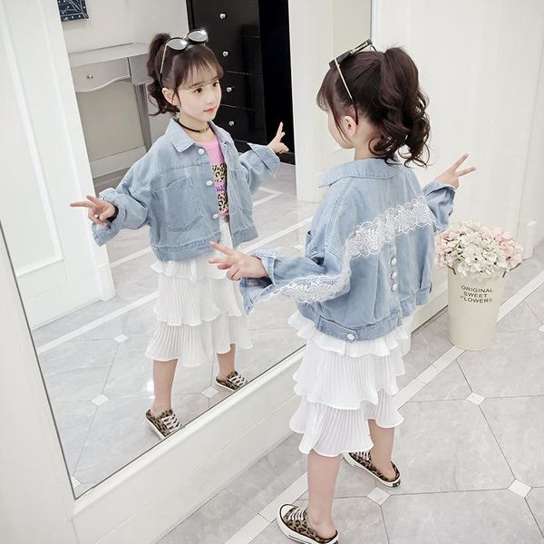 

jackets girl's jeans jacket 2021 spring autumn toddler kids lace embroidery cowboy children's denim coat outerwear clothes, Blue;gray