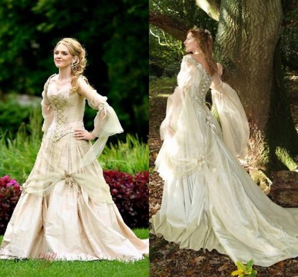 Abiti da sposa vintage gotici Principessa con corsetto sul retro Manica lunga Abito da sposa da giardino di campagna Celtico rinascimentale Cosplay Boho Brida218C