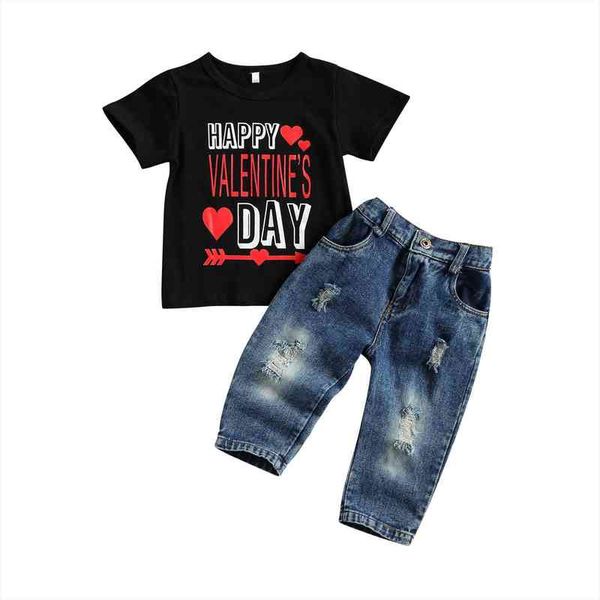 

valentines days infant kids girls clothes sets 2pcs letter heart print short sleeve t shirts denim pants 1-5y, White