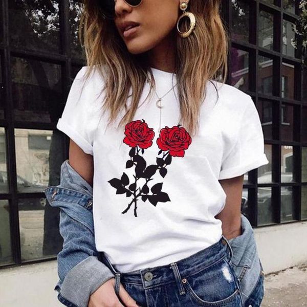 

fashion red rose print t shirt women short sleeve o neck loose tshirt 2020 summer women tee shirt camisetas mujer, White