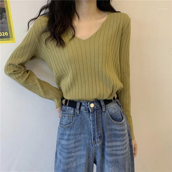 

women sweater knitted crop long sleeve pullover sweaters v-neck korean autumn 2020 woman clothes outer wear base, White;black