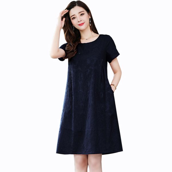 

2021 new summer loosely worn ladies cotton-neck short sleeve dress in solid color temperament to line dressed as women ohx2, Black;gray