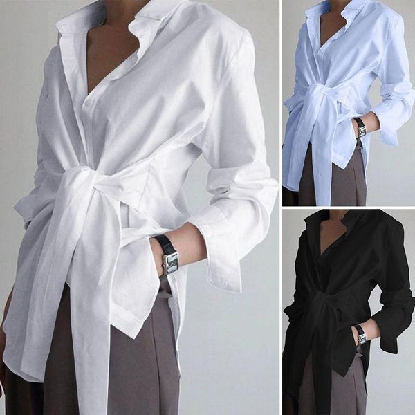 

new women blouse lace up summer shirts turn-down collar long sleeve fashion casual button cardigan office blusas femininas1, White