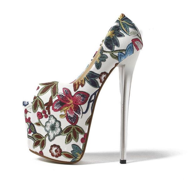

dress women pumps 19cm thin high heels party shoes nightclub pu slip on peep toe wedding embroider flower shoes for women 2020, Black