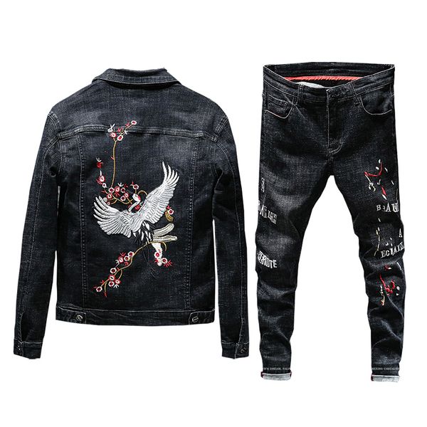 

spring 2020 new fashion mens black sets crane floral embroidery long sleeve man jeans jackets biker full length denim trousers 1004, Gray