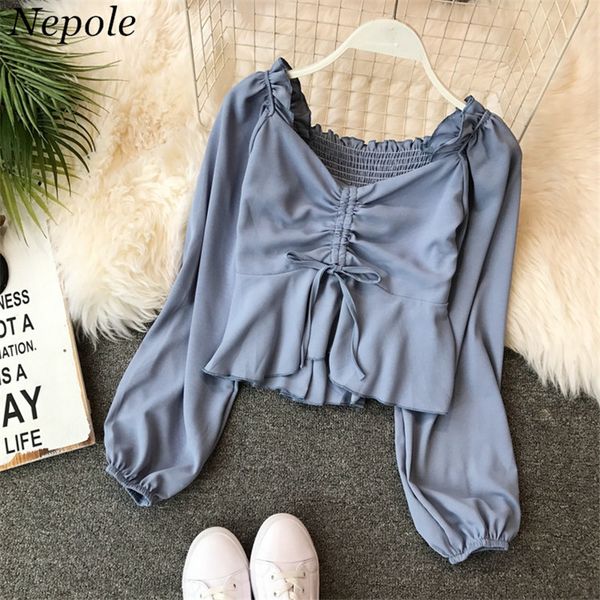 

neploe slash neck drawstring women blouse spring summer new solid slim shirts ruffles grace fashion female blusas 69478 201126, White