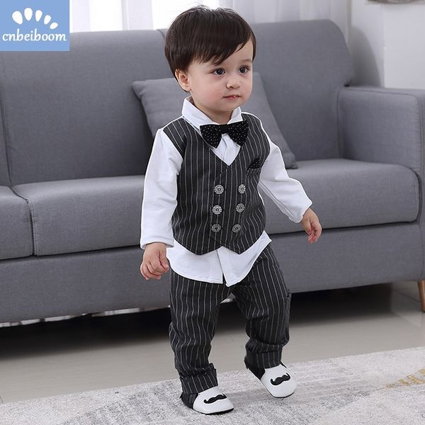 

new kids boy clothes baby gentleman suit clothing sets fake two piece vest shirt toddler children 1-4y birthday party dress 201127, White