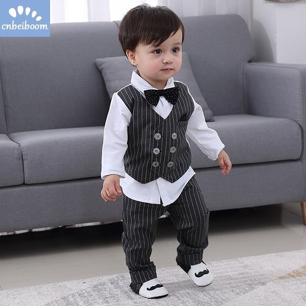 Neue Kinder Jungen Kleidung Baby Gentleman Anzug Kleidung Sets Gefälschte zweiteilige Weste Hemd Kleinkind Kinder 1-4Y Geburtstag Party Kleid 201127