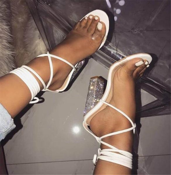 

2020 western style shape of women open foot strass robust heels gladaitor crystal lace-up high heel sandals u8he, Black