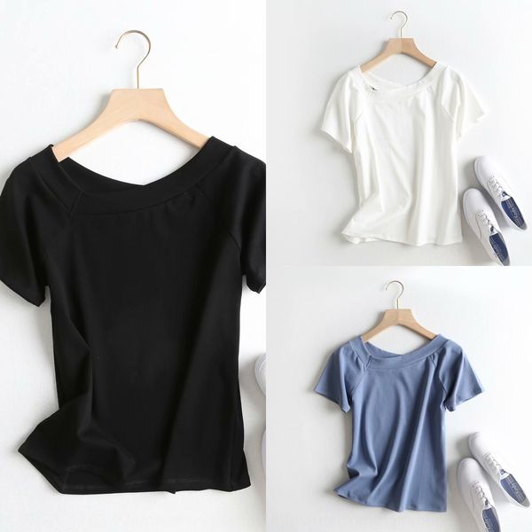 

c1329 ветер 19 лето новых женщин сплошной цвет наклонная шеи короткий рукав тонкий эластичный c1329 ветер 19 летом новый женский сплошной цв, White