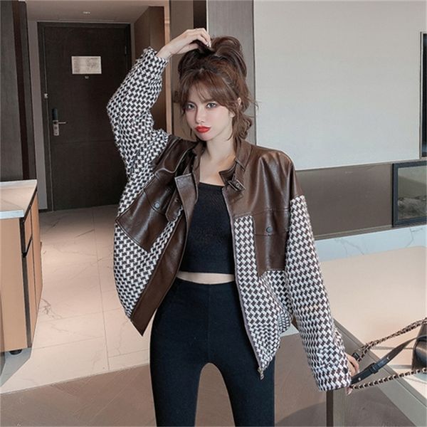

2021 new new korean style small short women french houndstooth stitching fur woolen coat a5dq, Black;brown