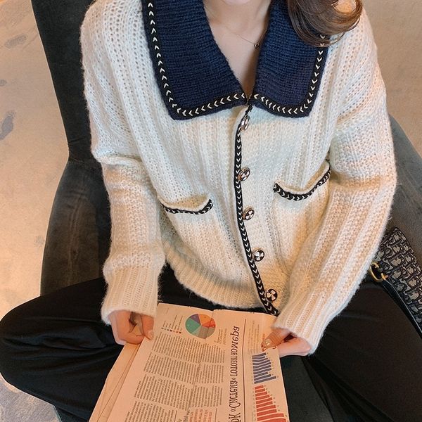 

lapel small fragrant knitted cardigan women's short coat sweater style new loose lazy style thick line sweater coat wear fashion in spr, White;black