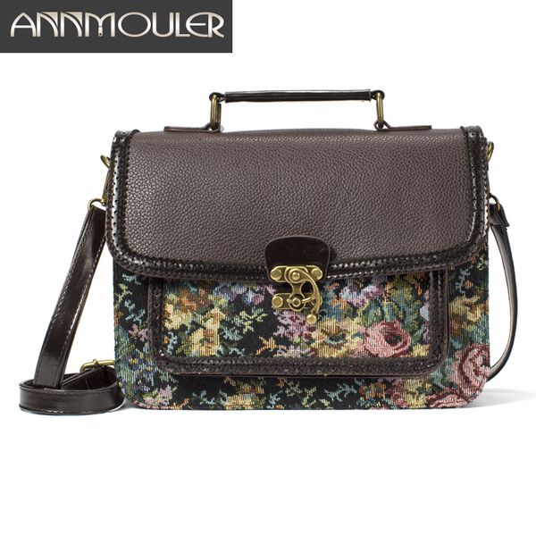 

annmouler vintage women shoulder designer handbag purse pu leather floral crossbody fabric retro briefcase bag