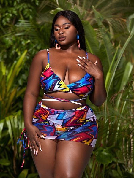 

3pack plus graphic print lace up bikini swimsuit & beach skirt n4nm#, Black