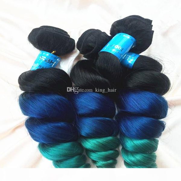 

virgin 9a #1b blue green human hair weft dark root loose wave hair extension ombre color 1b blue green hair 3 bundles, Black