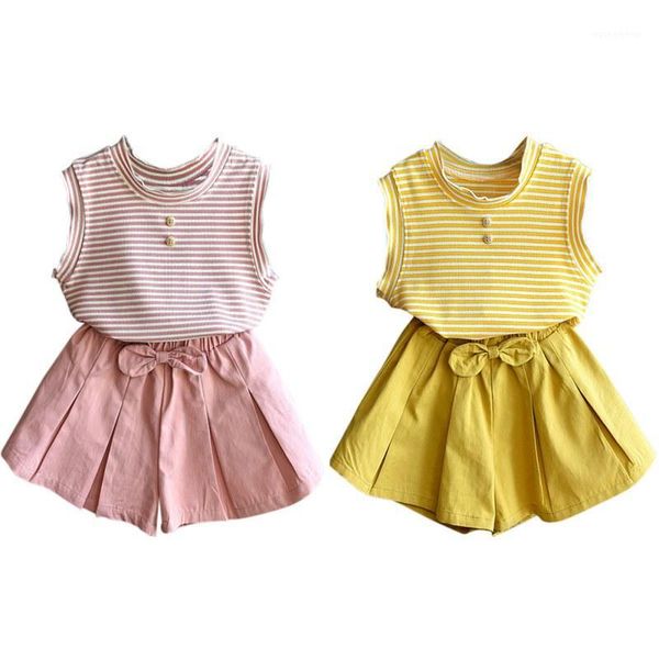 

clothing sets 2021 girls knitting sleeveless set korean version summer small children two-piece shorts1, White