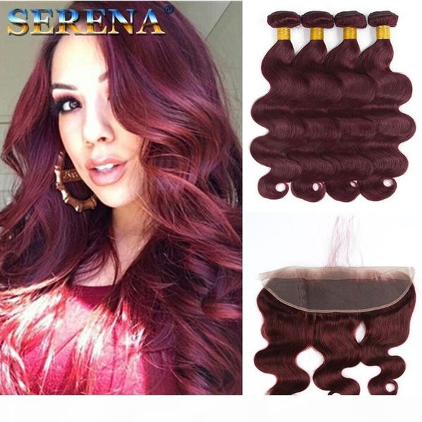 

8a brazilian body wave bundles 99j body wave hair weaves human hair bundle lace closure 4 bundles with ear to ear frontal and baby hair, Black;brown