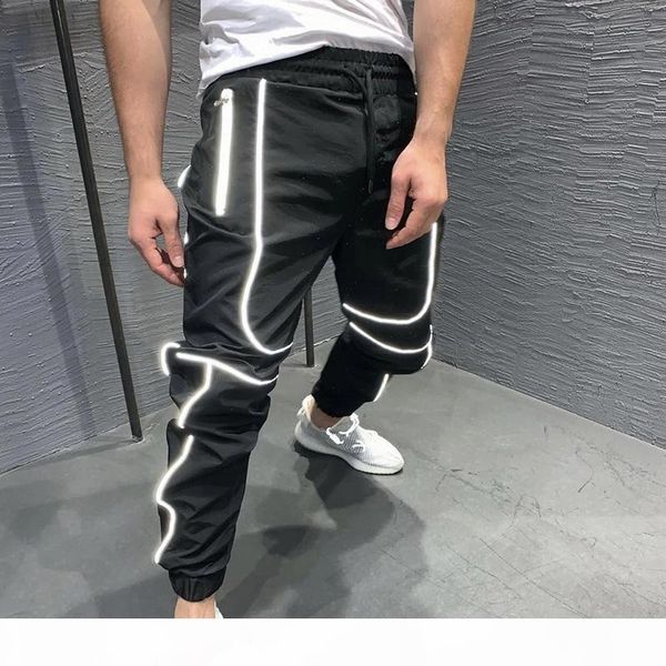 

men sport reflective pants joggers night running pants training gym fitness men joggers training long jogging sportswear, Black