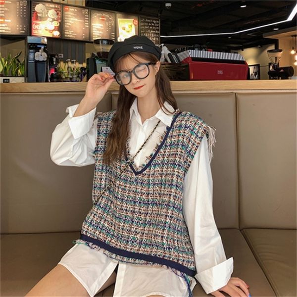 

female springtime sleeveless woman's knitted sweater cleavage into tassel knitting waistcoat wavs, White;black