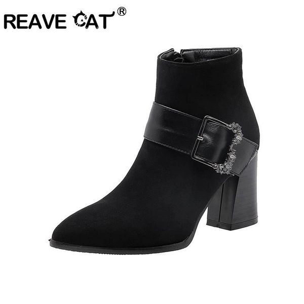 

boots reave cat winter shoes women ankle buckle zipper chunky high heel pointed toe flock size 34-48 apricot botas mujer, Black