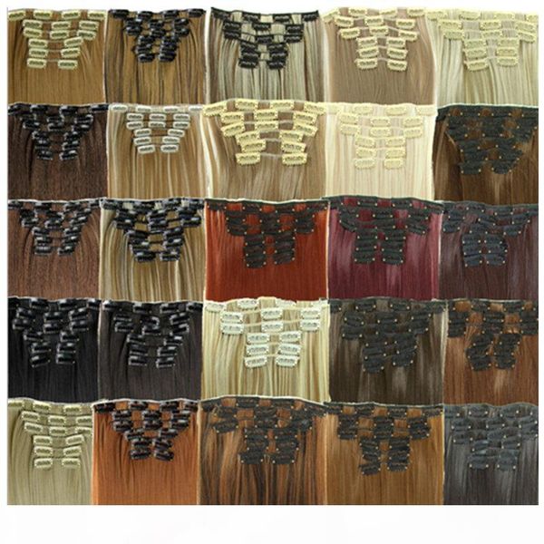 

6pcs set synthetic clip in hair extensions straight hair 24inch 140g synthetic clip on hair extensions d1014, Black;brown
