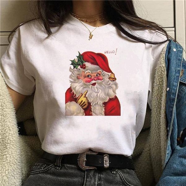 

new merry christmas women tshirts cute tshirt kawaii aesthetic santa claus pattern printing vogue vintage clothes top, White