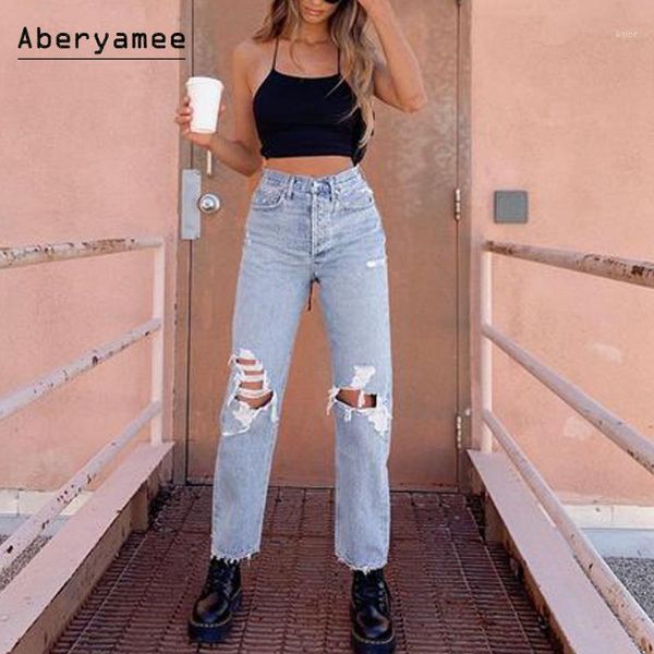 

aberyamee ripped jeans woman street casual hollow button solid denim pants with high waist ladies pockets trousers1, Blue
