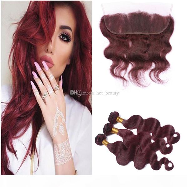 

8a burgundy body wave brazilian virgin hair weave with 13x4 lace frontal closure 4pcs lot #99j wine red body wave human hair, Black