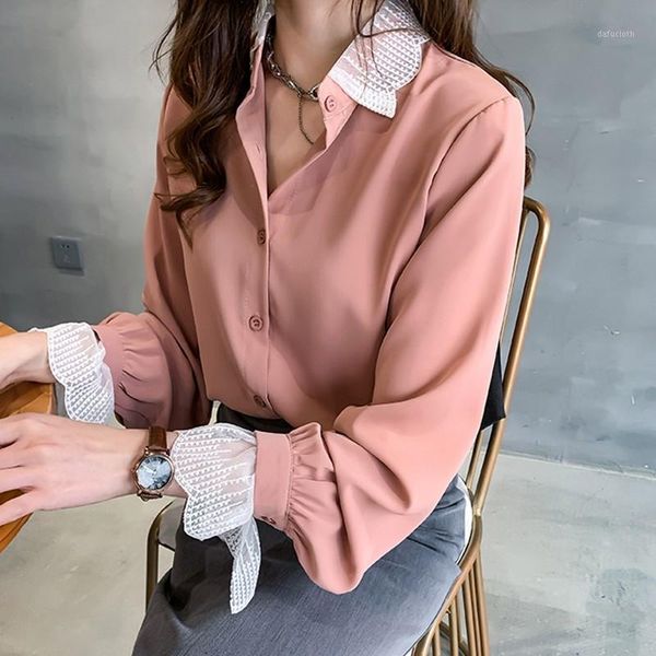 

autumn women blouses korean style lace patchwork long sleeve chiffon blouse office lady sweet plus size blouses1, White