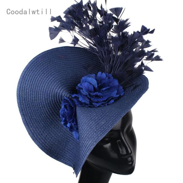 

stingy brim hats wedding party flower headwear for womnen occasion fedora cap fancy feather headpiece headband ladies fashion millinery cao, Blue;gray