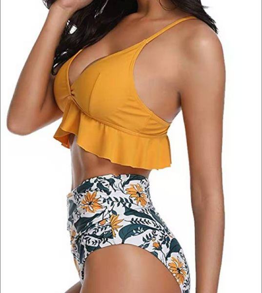 

european and american swimsuit women's high waist temperament printed bikini lotus leaf swimsuit women 742