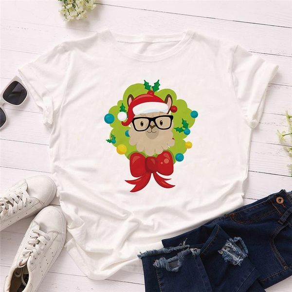 

christmas t shirt short sleeve white cartoon llama print xmas t-shirts women tshirt t-shirt femme camisas mujer