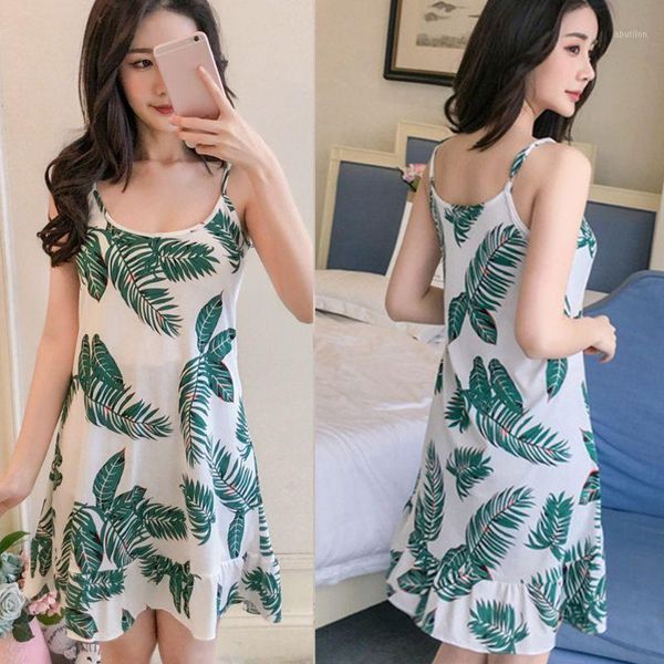 

women's sleepwear women milk fiber sleeveless nightdress cute floral leaves print ruffles push up padded camis sling nightwear1, Black;red