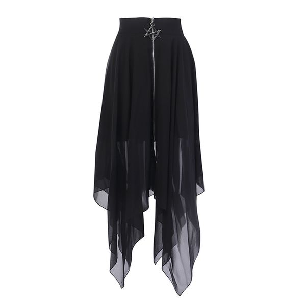 

summer mesh irregular women skirts pentagram zipper black punk skirts gothic darkness lady skirt casual loose streetwear skirts y200326