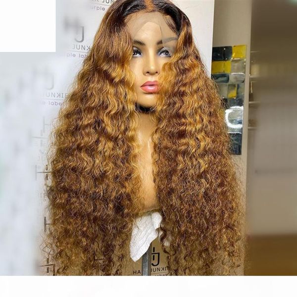 

#1bt27 peruvian lace front human hair wigs with baby hair 150% density remy water wave lace honey blonde wig pre plucked bleached knots, Black;brown