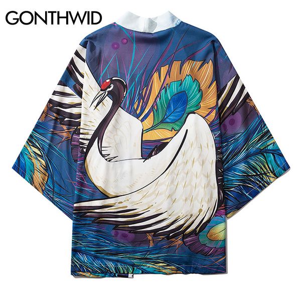 

colorful crane print japanese kimono cardigan jackets shirts streetwear hip hop harajuku casual loose fashion coat kg-86, Black;brown