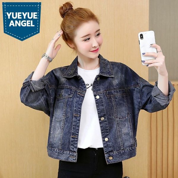 

women's jackets fashion single breasted women denim spring autumn bf style loose fit bat sleeve diamond jeans coats, Black;brown