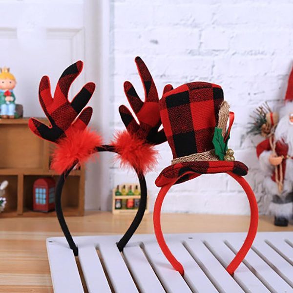 Decorazioni natalizie Capelli Fascia rossa Plaid Antler Cappello a cilindro Fascia Chiusura Copricapo Cerchietto per capelli Fascia per capelli regalo1