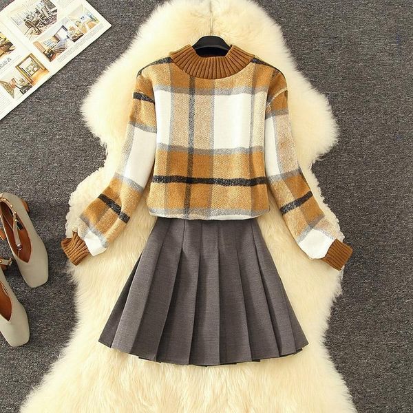 

elegant office two pieces set women's fluffy plaid sweater outfit long sleeve crop +mini pleated skirt set fashion new, Gray