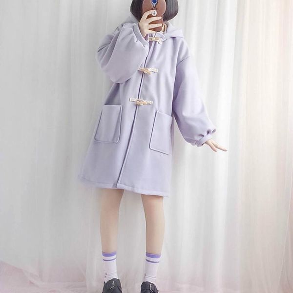 

winter wool coat women sweet long oversize trench coat female casual loose japanese style kawaii outwear jacket women 2020 new, Black