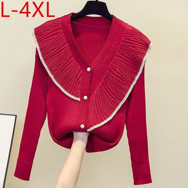 

l-4xl plus size 2020 autumn women's long sleeves v neck ruffles knitting casual sweater ladies oversized sweaters b3111, White;black