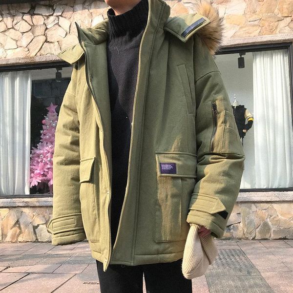 

winter parka men thick coat men's warm fashion solid color fur collar hooded coat man wild loose cotton jacket male clothes1, Black