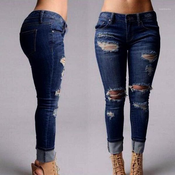 

women jeans ruined mid waist button ripped denim autumn pants women ankle length boyfriend trousers1, Blue