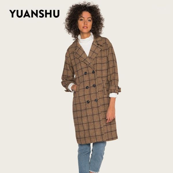 

yuanshu double breasted mid-long woolen coat women vintage turn-down collar long sleeve pocket plaid autumn winter coat1, Black