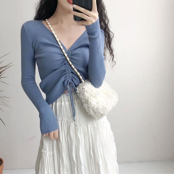 

v neck lace up knitted sweaters women autumn ribbed long sleeve solid navel bare crop autumn knitwear jumper, White;black