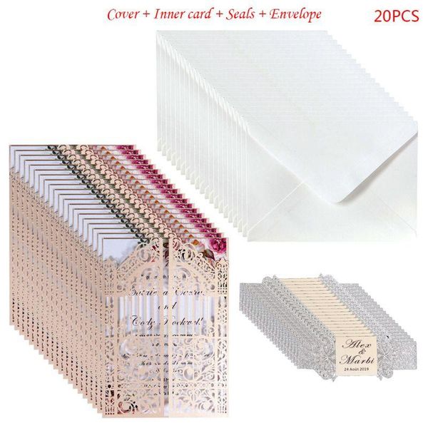 

20 pcs european style wedding invitation cards hollow out cover pocket supply e56e