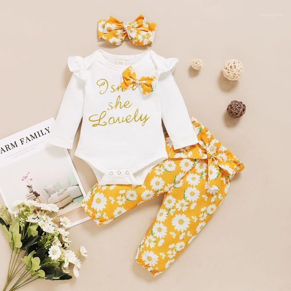 

3pcs infant autumn baby set long sleeve girls letter ffloal print romper clothing set bow bodysuit+floral pants+headband outfits1, White