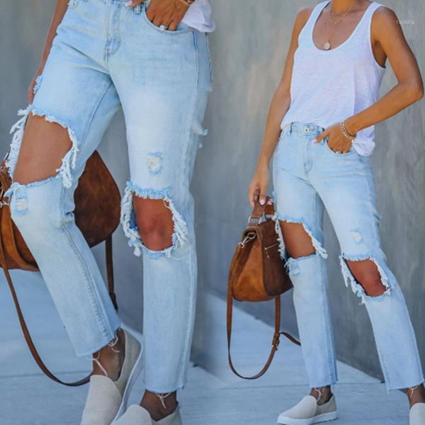 

hip hop ladies casual loose slim jeans women harajuku hollow denim jeans pants holes1, Blue